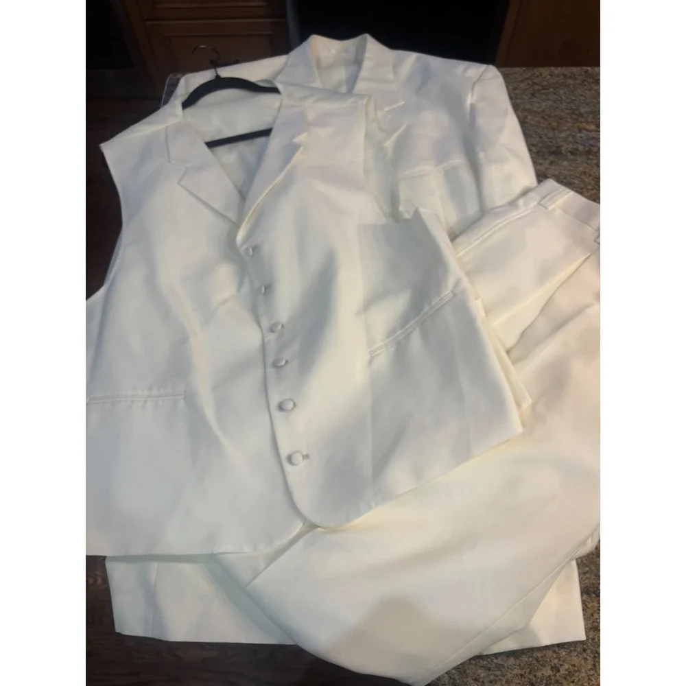 3 Piece Falcone Curtis Vested Suit 50L W45 Ivory Polyester Formal Mens Raw Hem